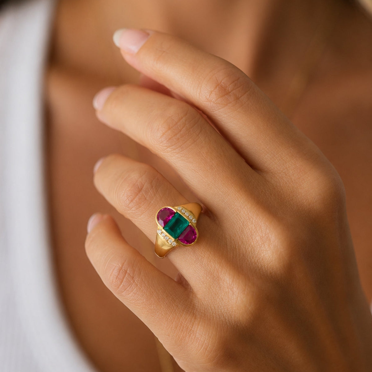 Emerald and Half-Moon Ruby Ring, lifestyle view 1 | JJ Jewelry