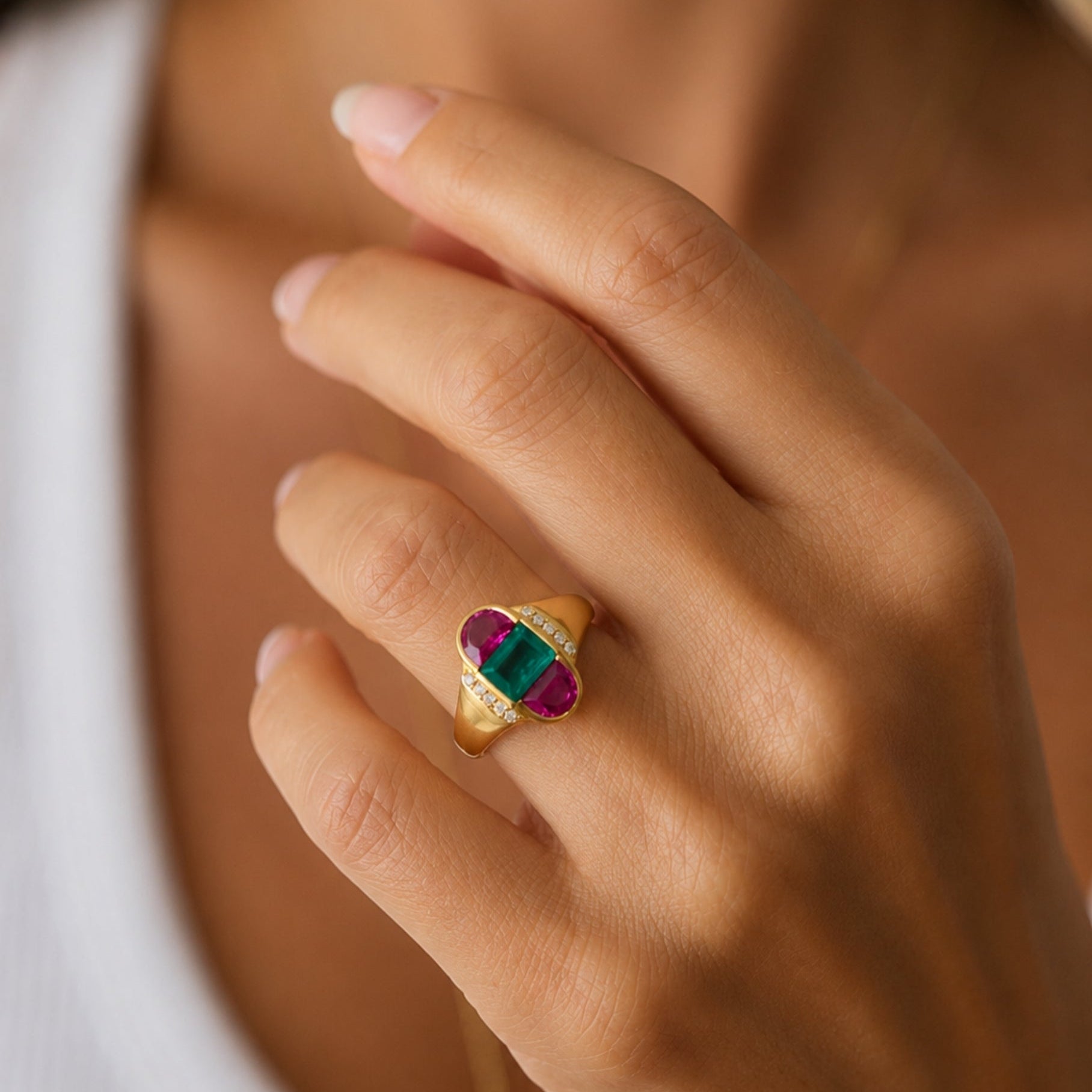 Emerald and Half-Moon Ruby Ring in 18K Yellow Gold