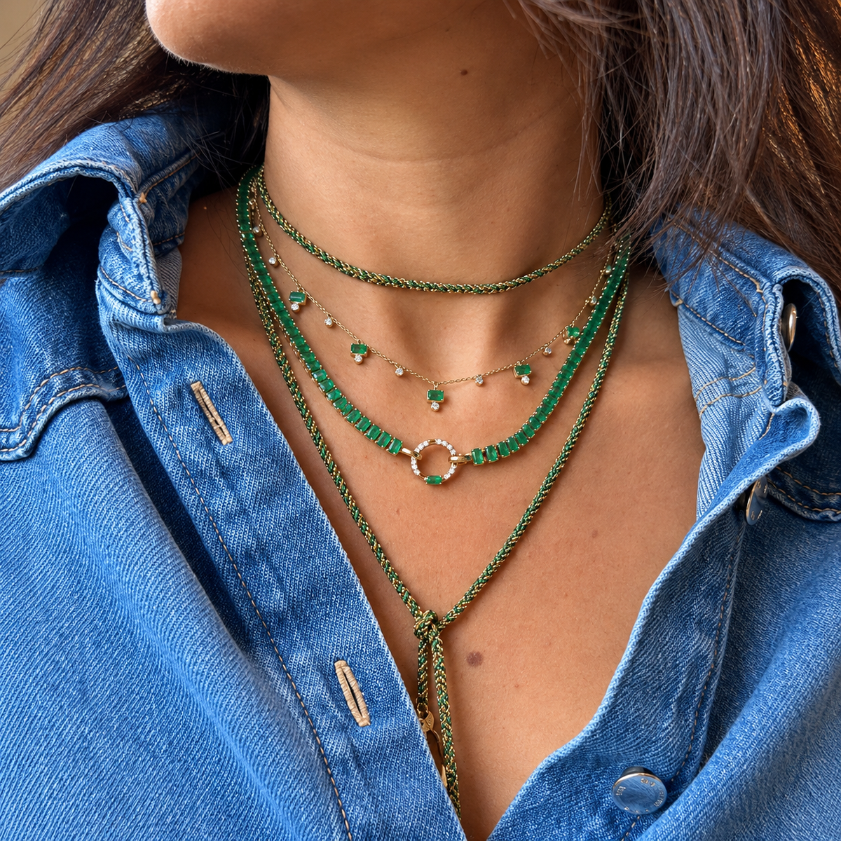 Emerald and Diamond Drop Station Necklace