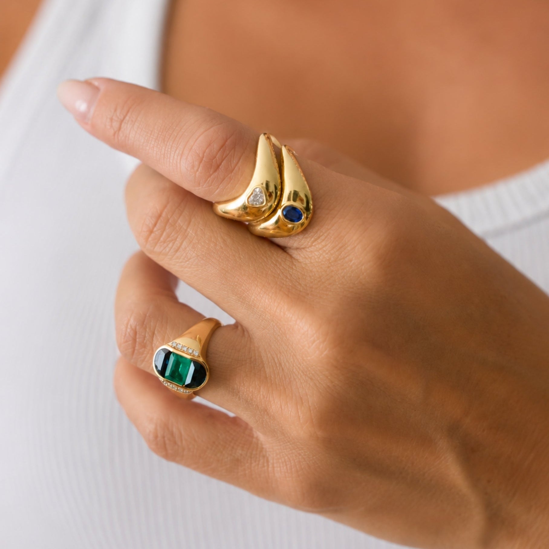 Emerald and Half-Moon Blue Sapphire Ring in 18K Yellow Gold