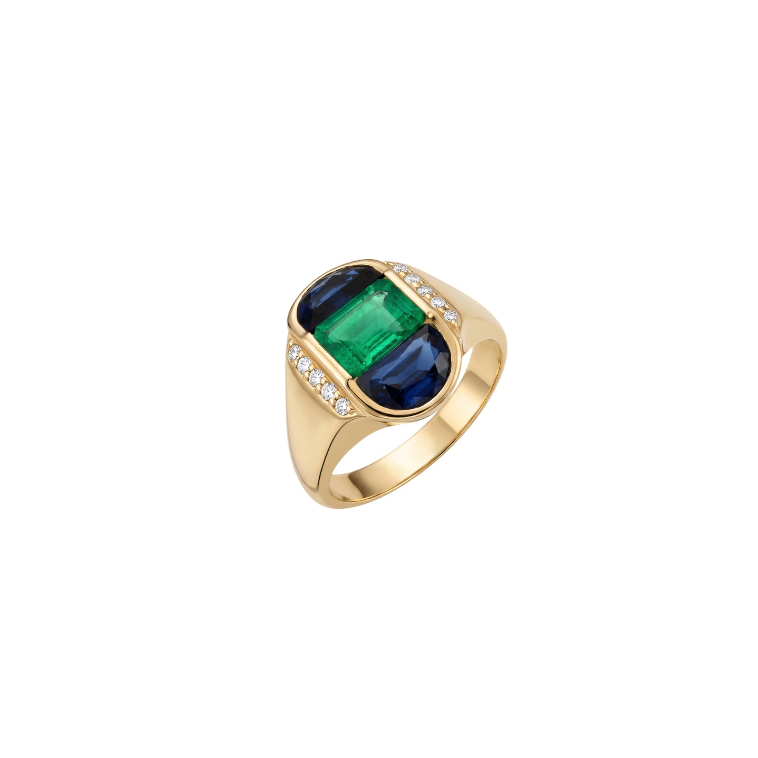 Emerald and Half-Moon Blue Sapphire Ring in 18K Yellow Gold