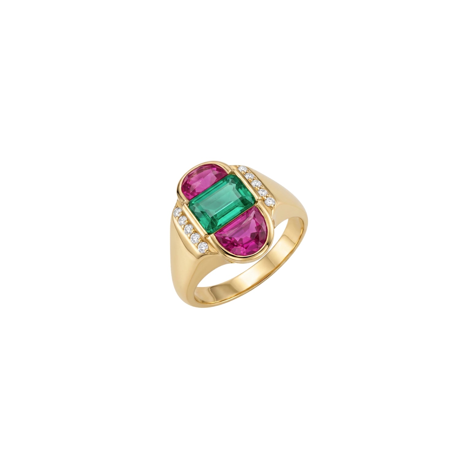 Emerald and Half-Moon Ruby Ring in 18K Yellow Gold