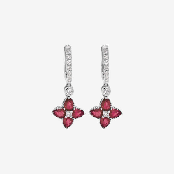 Floral Drop Hoop Earrings with Pavé Diamonds and Gemstones with Ruby, gray background | JJ Jewelry Miami