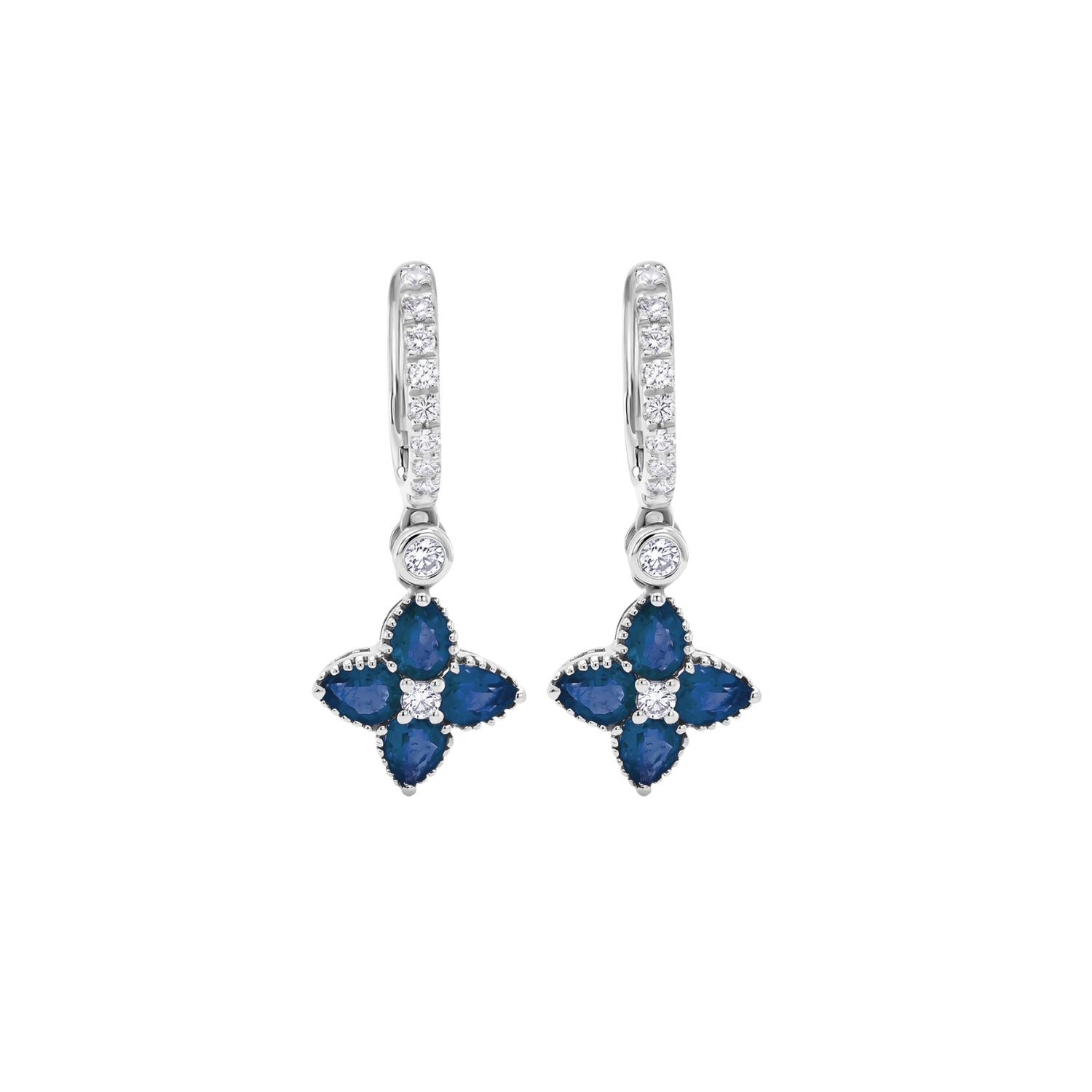Floral Drop Hoop Earrings with Pavé Diamonds and Gemstones in 18K Gold