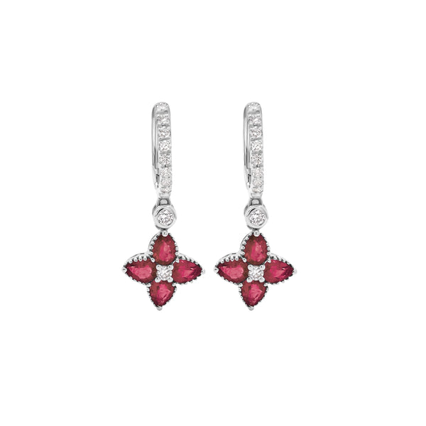 Floral Drop Hoop Earrings with Pavé Diamonds and Gemstones in 18K Gold