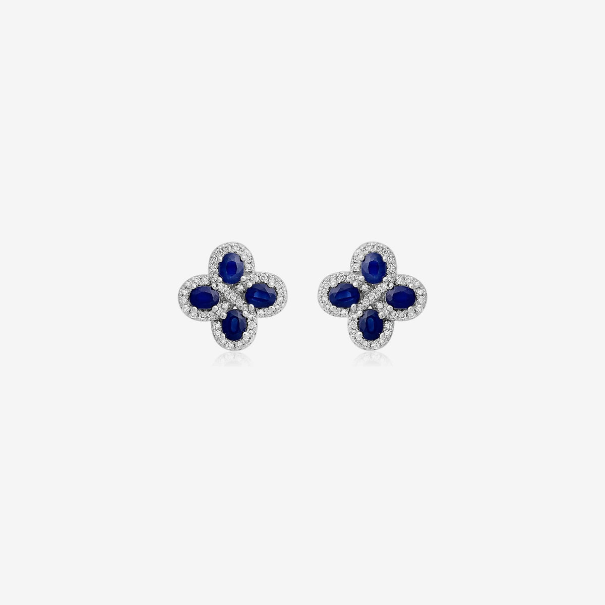Floral Gemstone Stud Earrings in 14K White Gold with Blue Sapphire, gray background | JJ Jewelry Miami