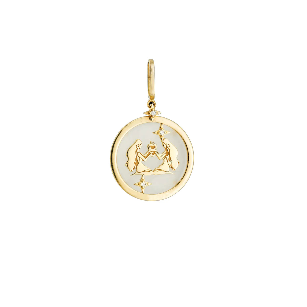 Gemini Zodiac Pendant with White Quartz & Diamonds in 18K Yellow Gold | JJ Jewelry Miami