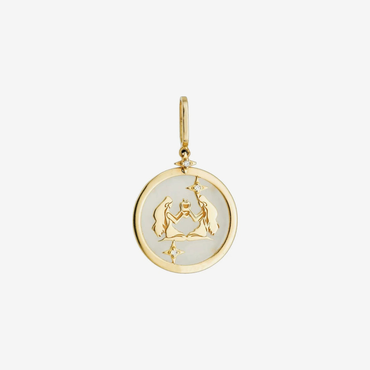 Gemini Zodiac Pendant with White Quartz & Diamonds in 18K Yellow Gold, view 2 | JJ Jewelry Miami