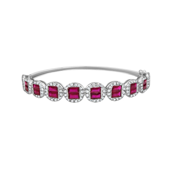Ruby and diamond halo bangle bracelet in 18K white gold | JJ Jewelry