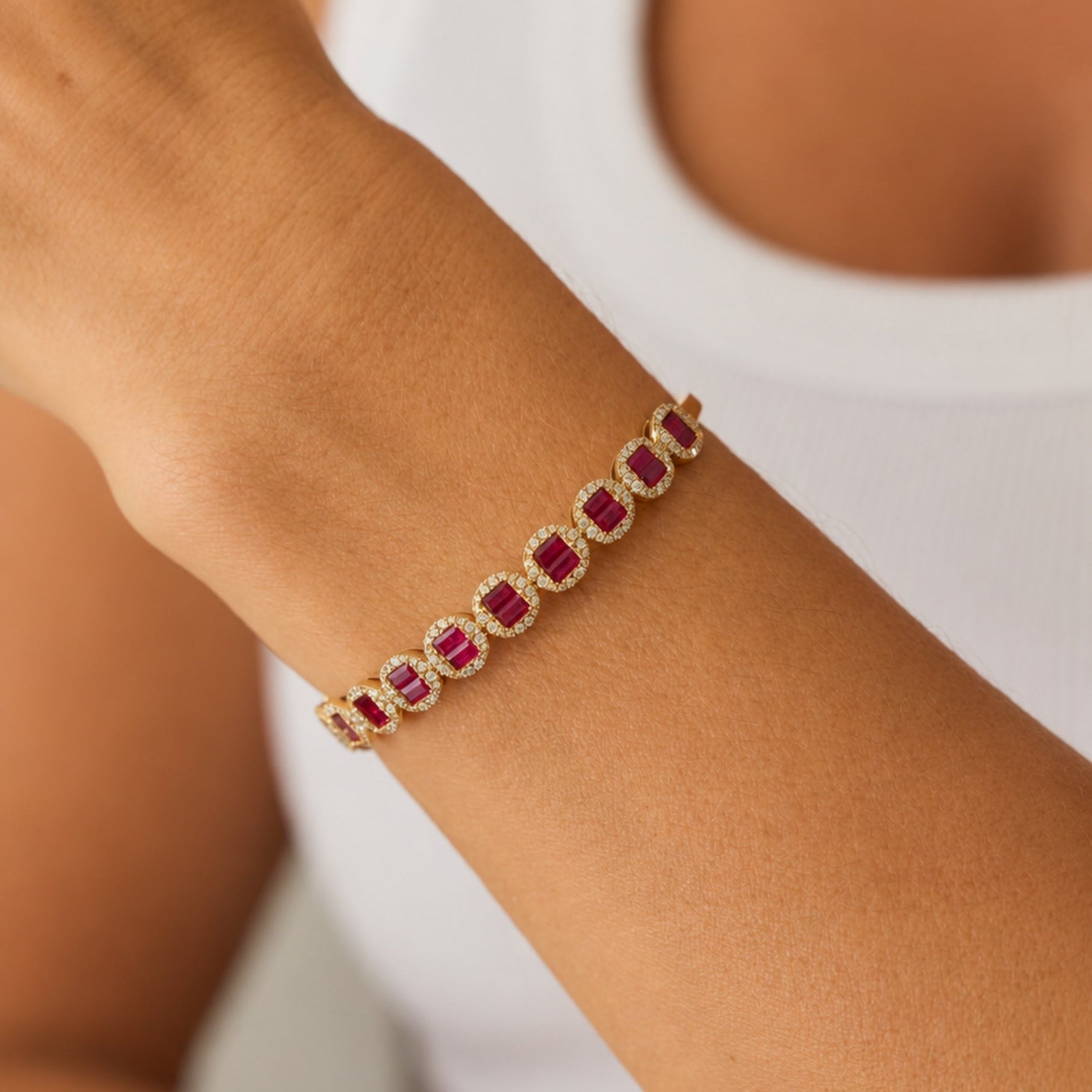 Gemstone and Diamond Halo Bangle Bracelet in 18K Gold