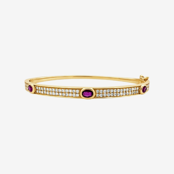 Gemstone and Diamond Pavé Bangle in Yellow Gold with Ruby | JJ Jewelry