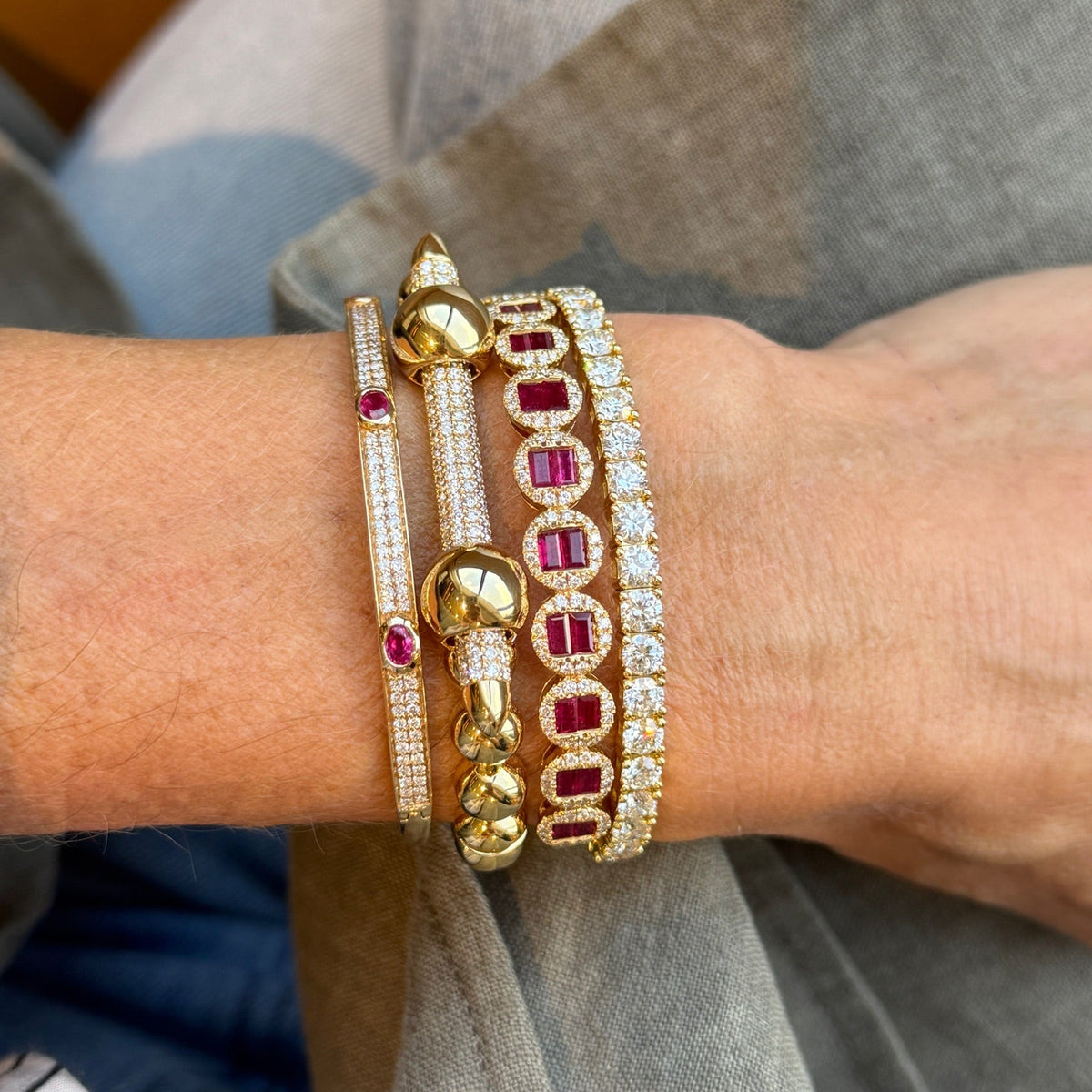 Gemstone and Diamond Halo Bangle Bracelet in 18K Gold