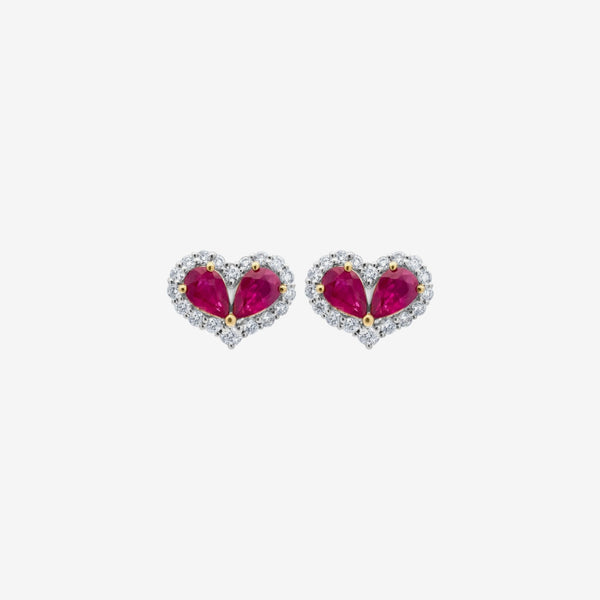 Heart Diamond Frame Earrings with Gemstone Center in 18K Yellow and White Gold with Ruby, gray background | JJ Jewelry Miami