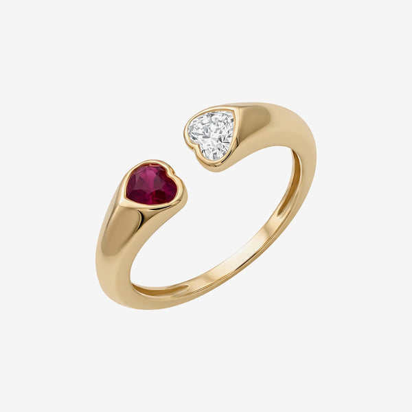 Heart Ruby and Diamond Open Ring in 14K Yellow Gold | JJ Jewelry