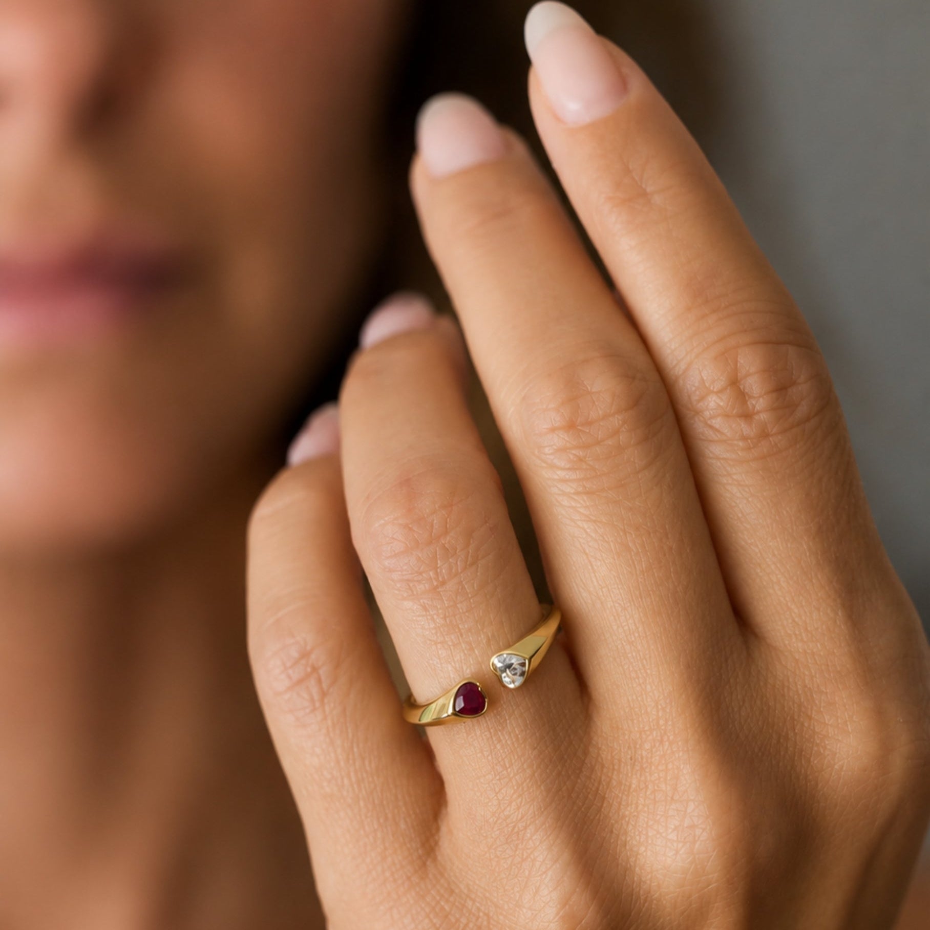 Heart Ruby and Diamond Open Ring in 14K Yellow Gold