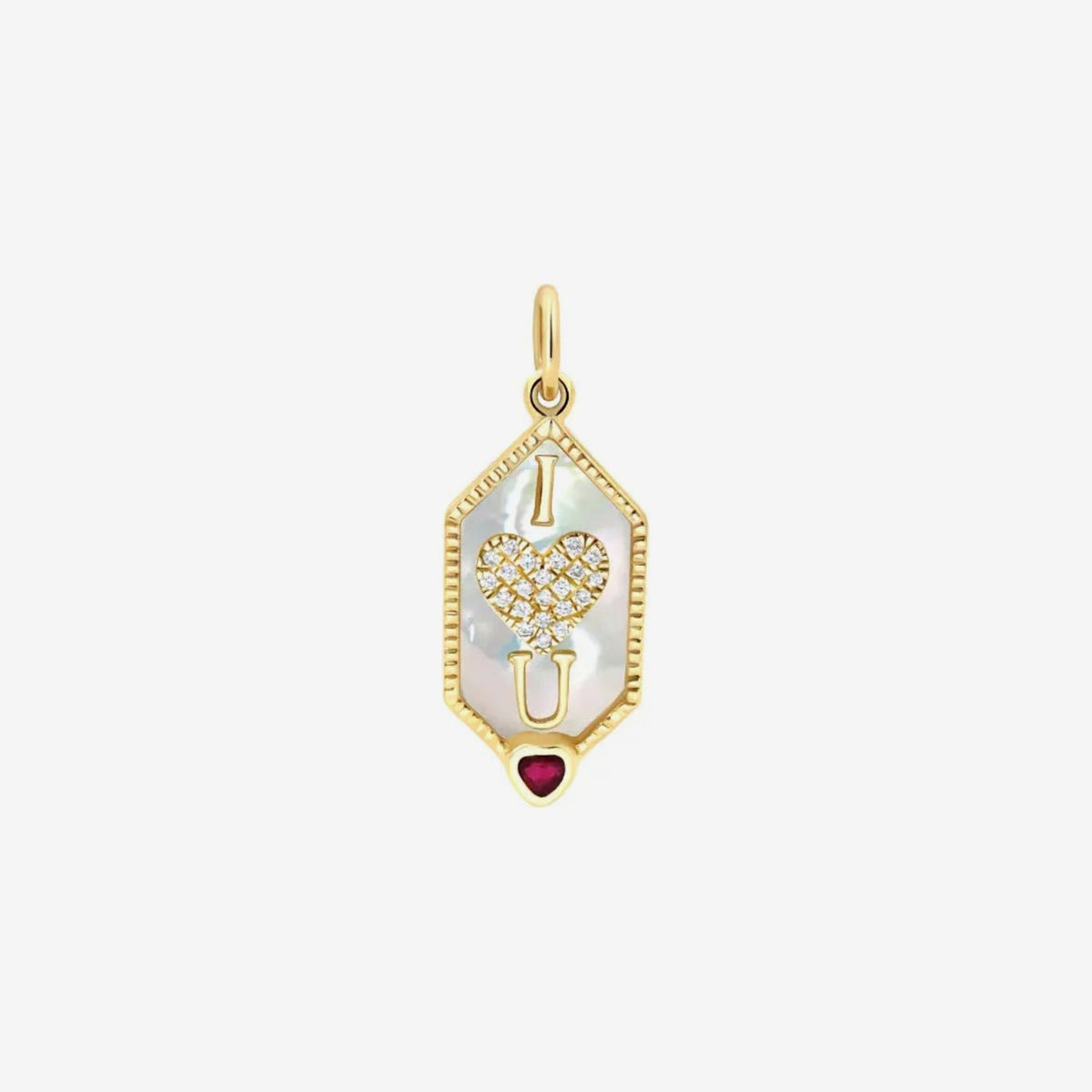 I Love You Mother-of-Pearl Charm with Diamonds in 14K Yellow Gold, view 2 | JJ Jewelry Miami
