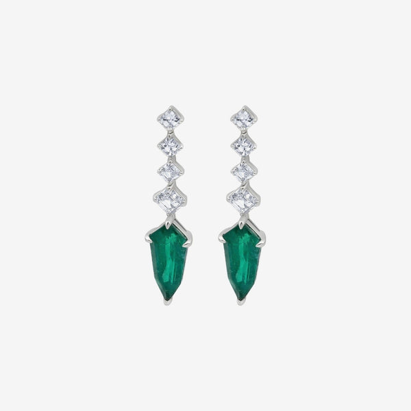 Kite-Cut Emerald and Arch-Cut Diamond Drop Earrings in 18K White Gold, gray background | JJ Jewelry Miami
