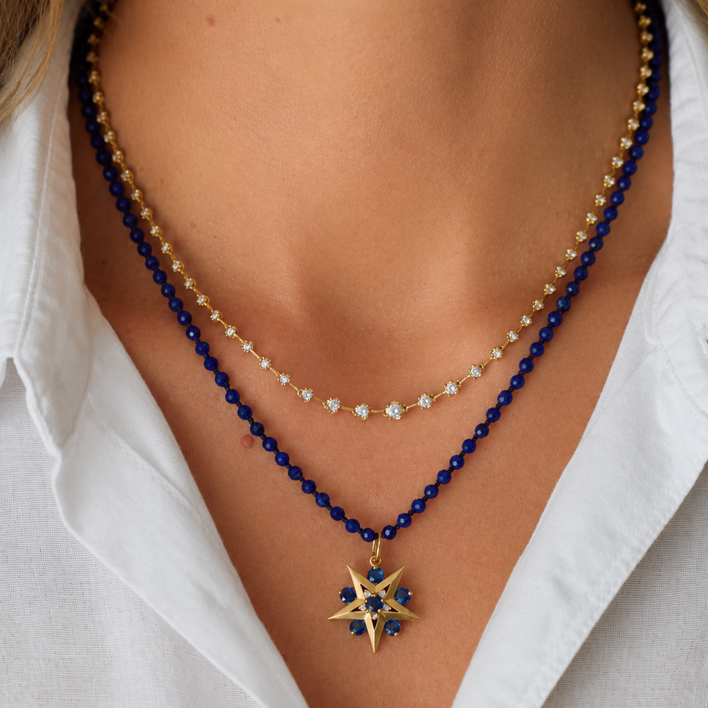 Lapis Lazuli Bead Necklace in 14K Yellow Gold