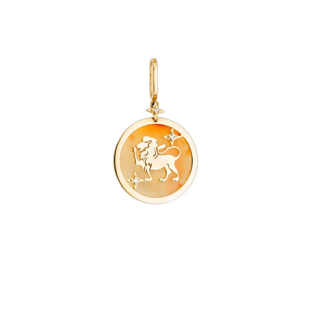 Leo Zodiac Pendant with Orange Quartz & Diamonds in 18K Yellow Gold | JJ Jewelry Miami