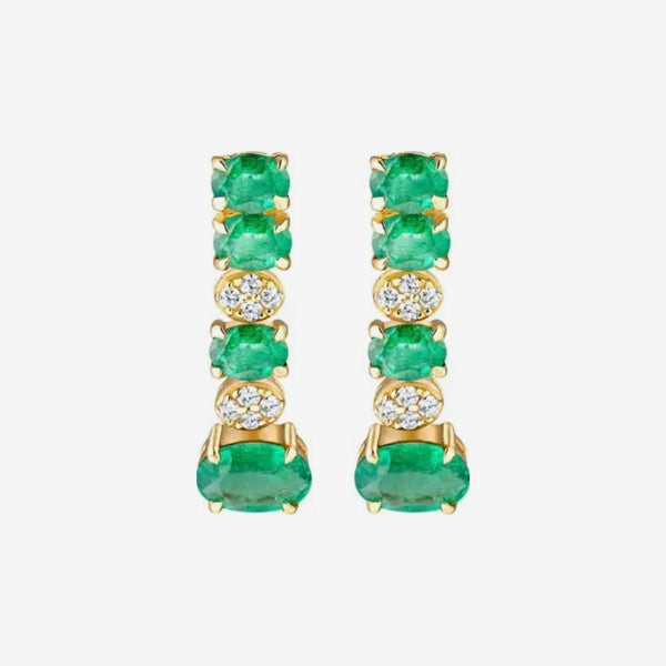 Linear Emerald and Diamond Drop Earrings in 18K Yellow Gold, gray background | JJ Jewelry Miami