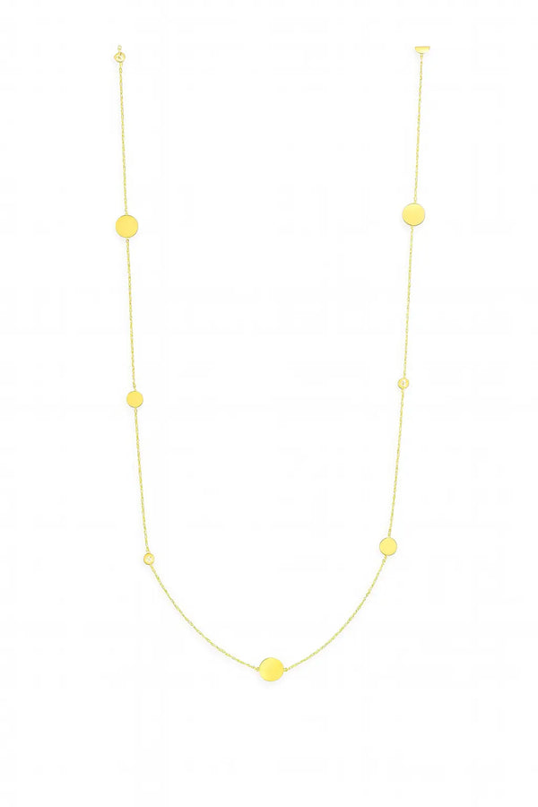 Long disc necklace in 14K yellow gold by JJ Jewelry
