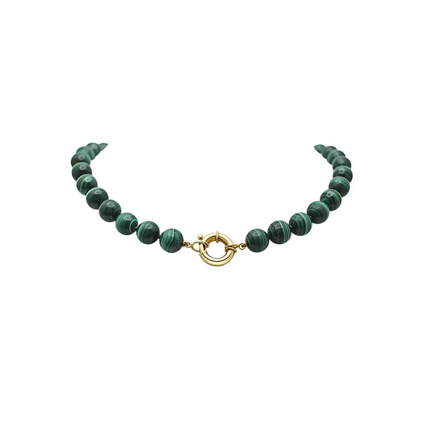 Malachite bead necklace with round 14K yellow gold clasp | JJ Jewelry