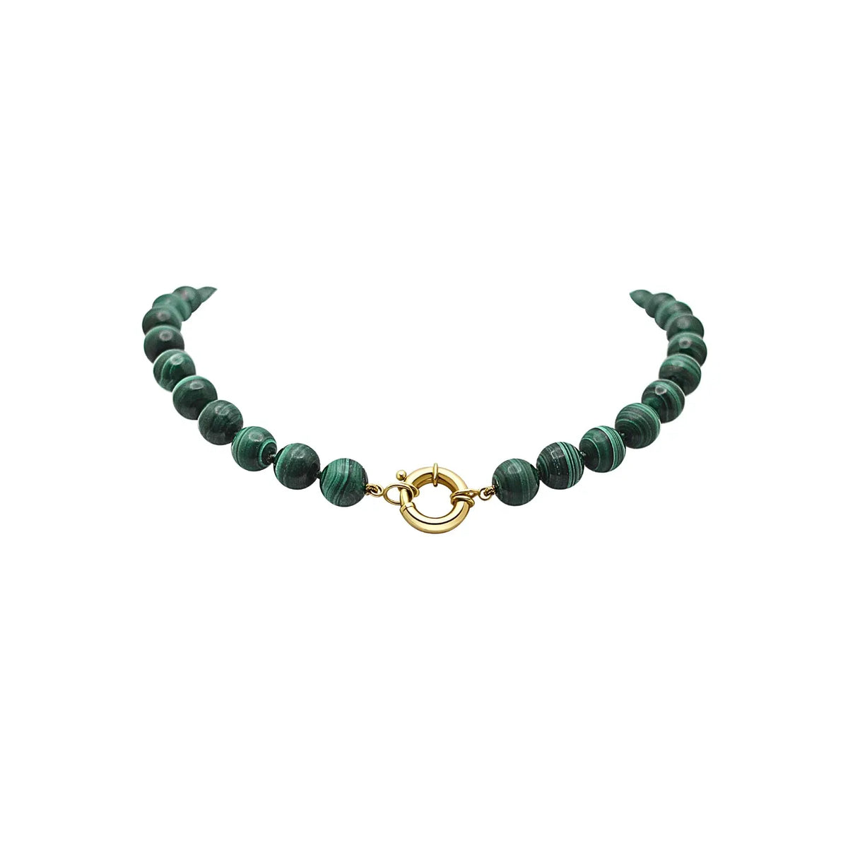 Malachite bead necklace with round 14K yellow gold clasp | JJ Jewelry