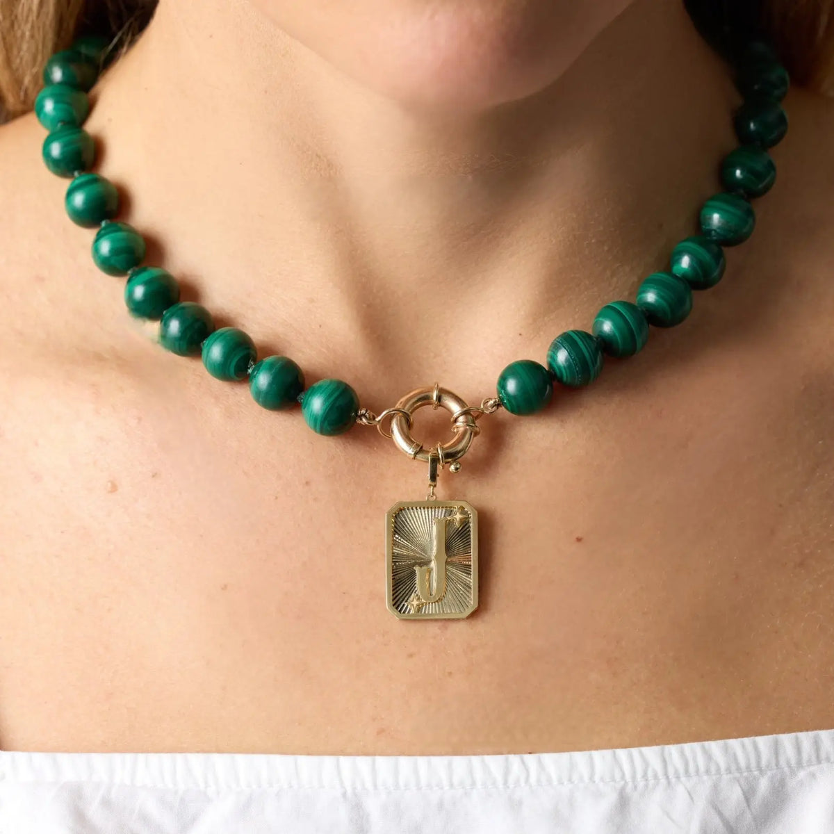 Malachite Bead Necklace in 14K Yellow Gold, view 3 | JJ Jewelry Miami