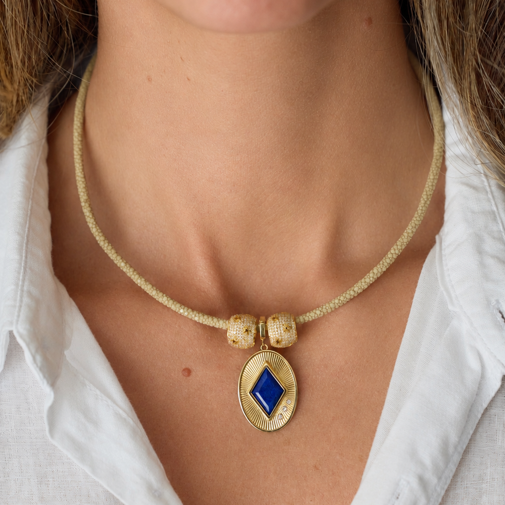 Malachite, Lapis Lazuli & Mother of Pearl Oval Pendant in 18K Yellow Gold