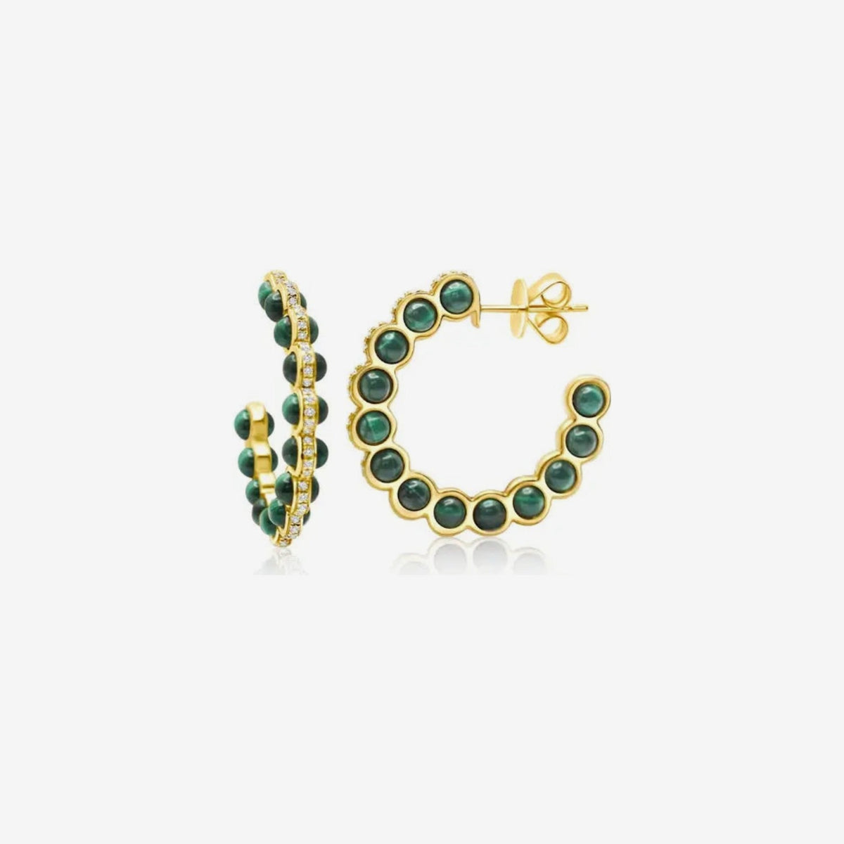 Malachite and Diamond Hoop Earrings in 18K Yellow Gold, gray background | JJ Jewelry Miami