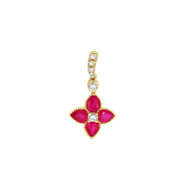 Mini Floral Pendant with Emerald or Ruby and Diamonds in Yellow Gold | JJ Jewelry