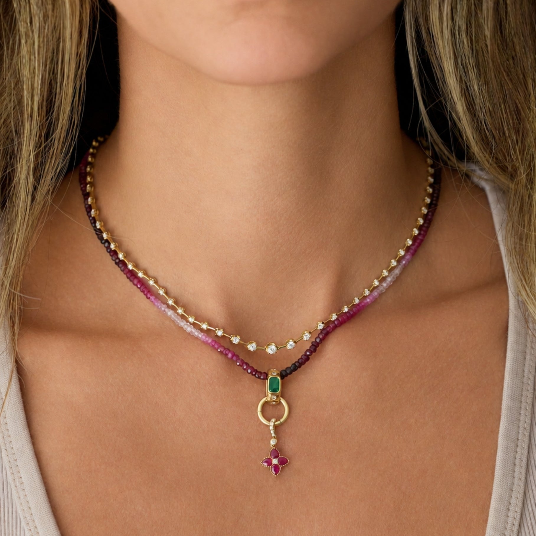 Mini Floral Gemstone and Diamond Pendant in Gold