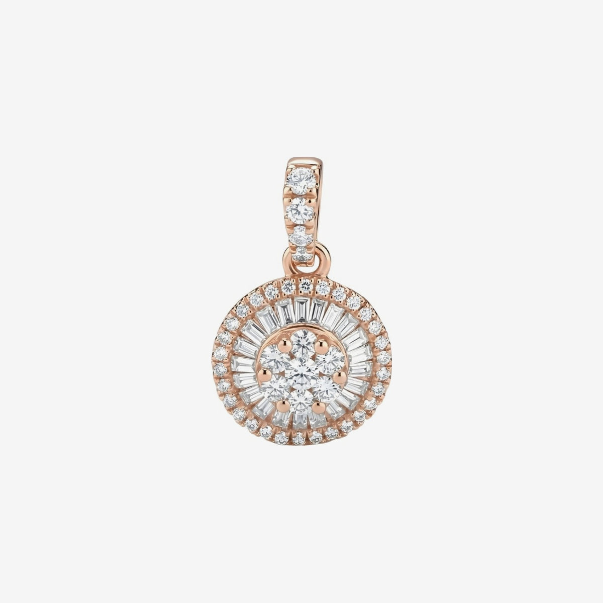 Mini Round Diamond Cluster Pendant in 18K Rose Gold, gray background | JJ Jewelry Miami