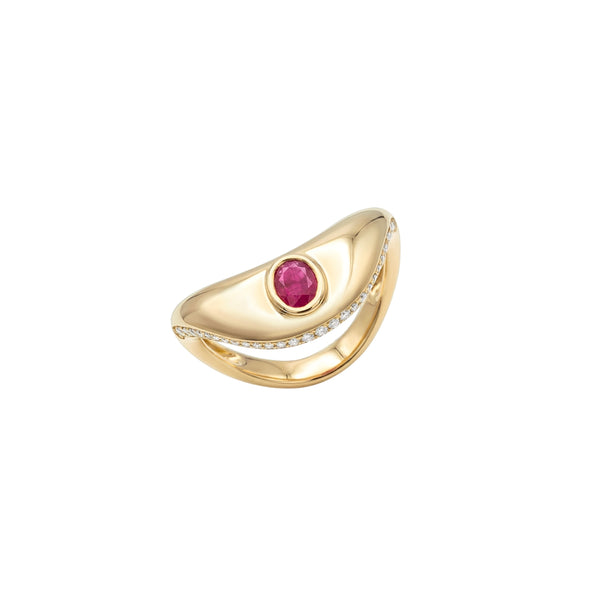 Multi-Gemstone Curved Ring with Diamonds in 18K Yellow Gold