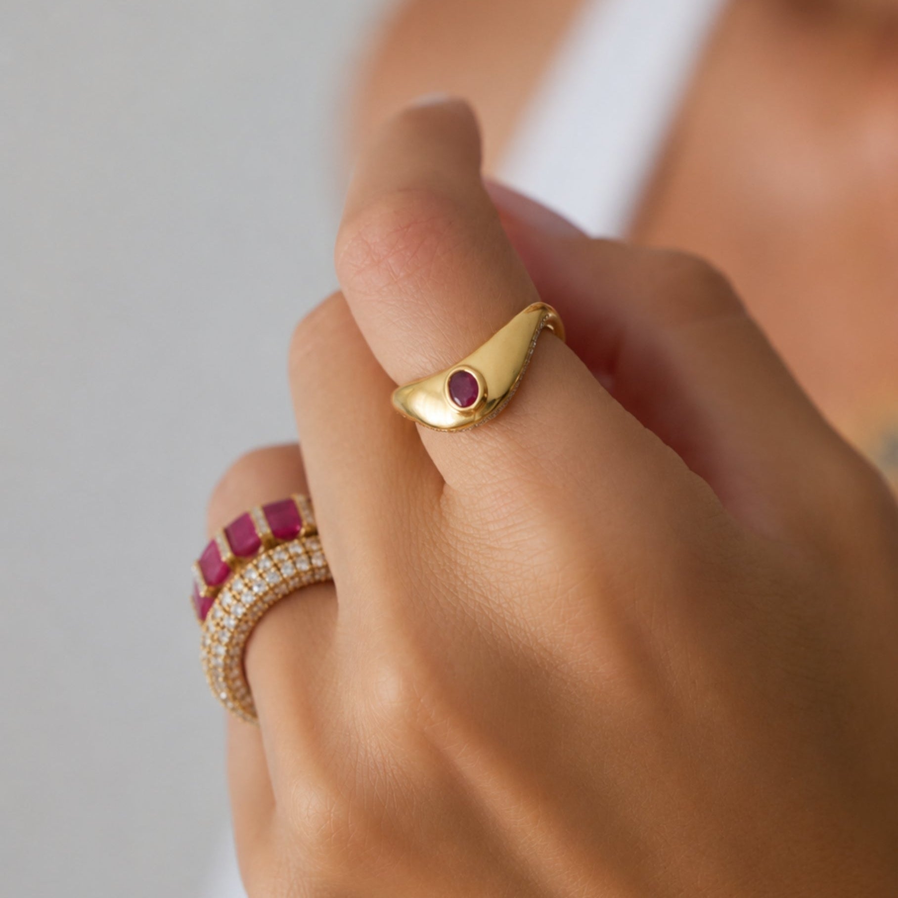 Multi-Gemstone Curved Ring with Diamonds in 18K Yellow Gold