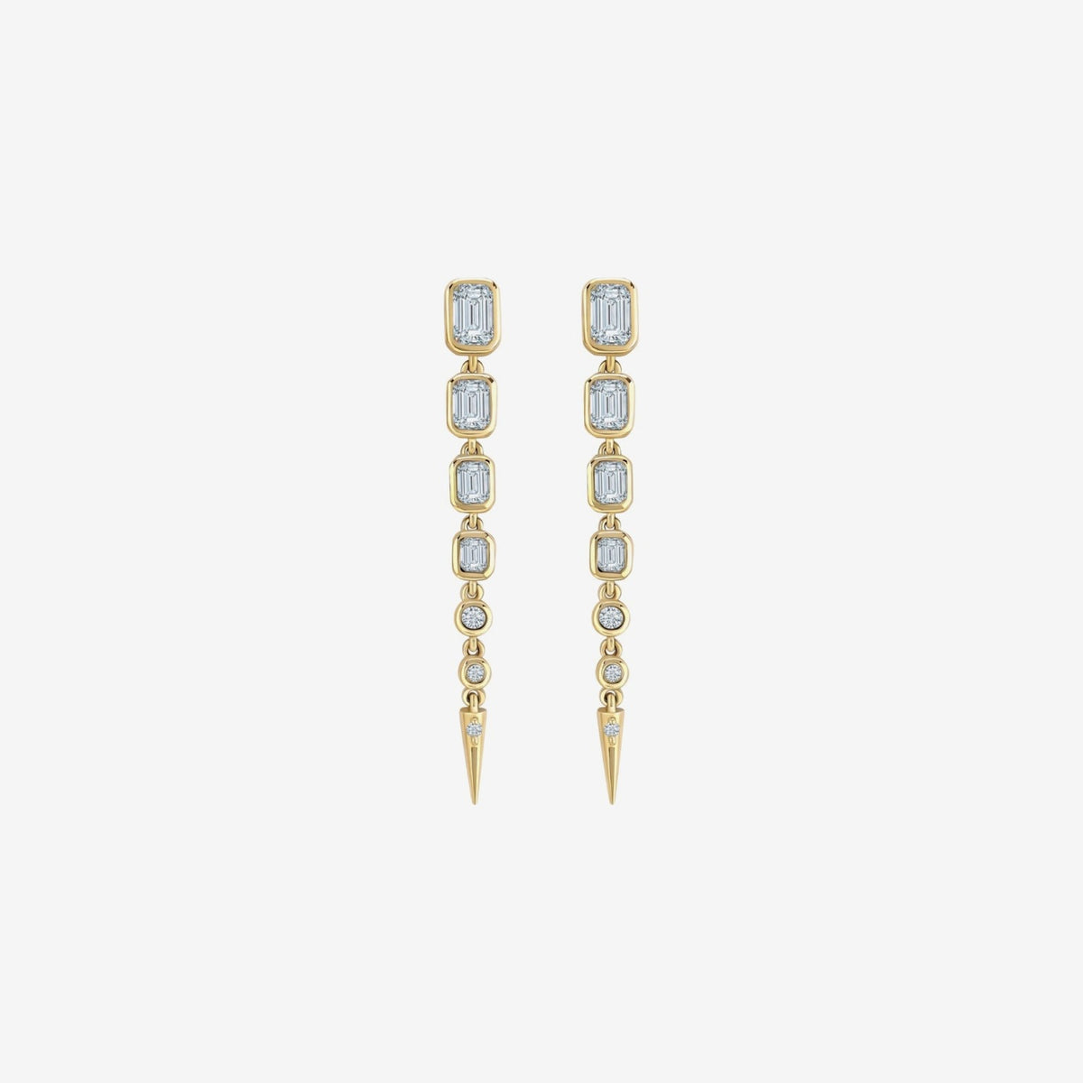 Multi-Shape Diamond Drop Earrings in 14K Yellow Gold, gray background | JJ Jewelry Miami