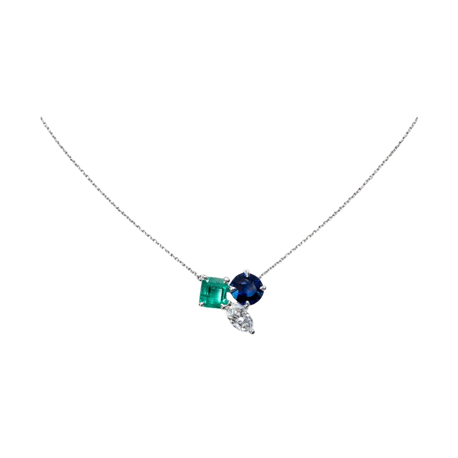 Multi-Shape Diamond, Emerald & Blue Sapphire Pendant Necklace in 18K White Gold