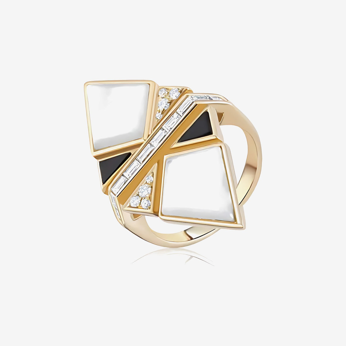 Onyx and Mother of Pearl Geometric Ring in 18K Yellow Gold | JJ Jewelry