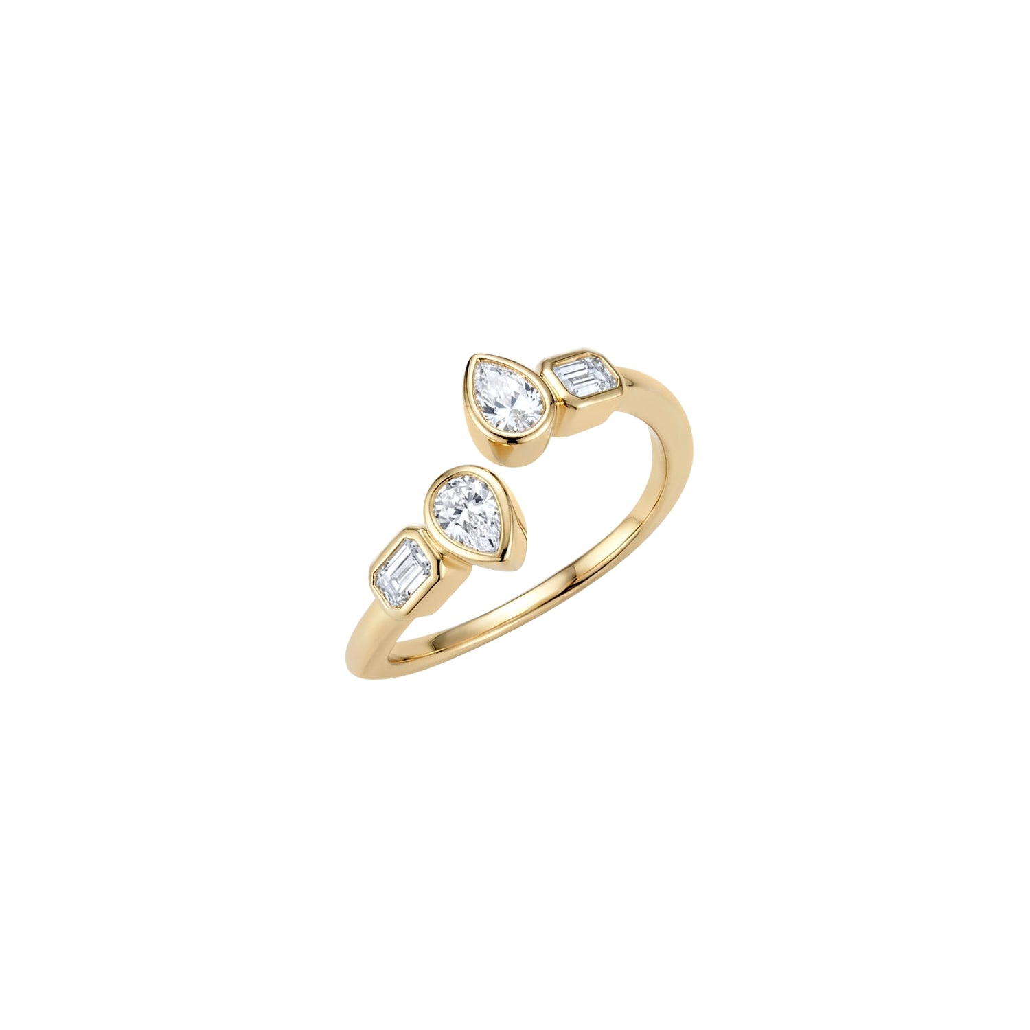 Open Bezel Diamond Ring with Pear & Emerald-Cut Shapes in 18K Yellow or White Gold