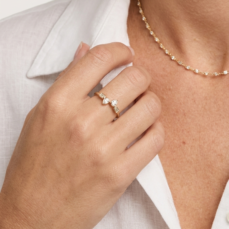 Open Bezel Pear and Emerald-Cut Diamond Ring in 18K Gold
