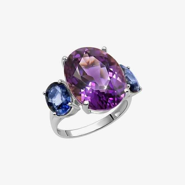 Oval Amethyst and Blue Sapphire Cocktail Ring in 18K White Gold | JJ Jewelry
