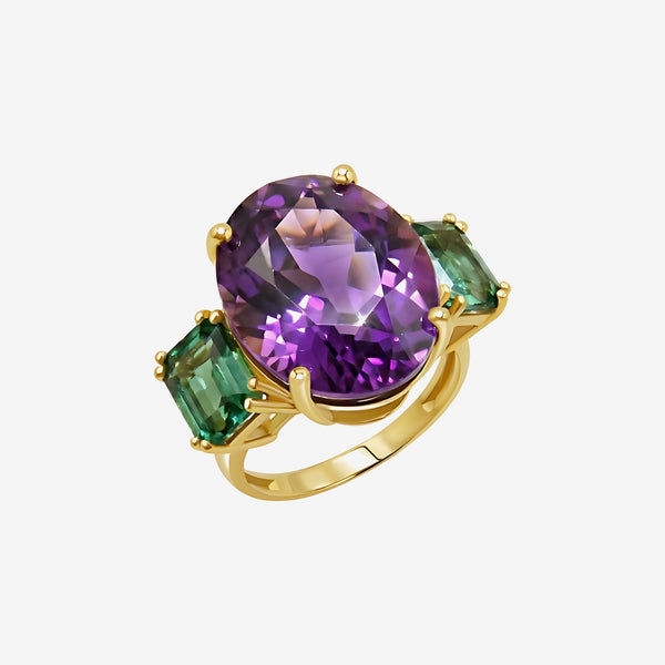 Oval Amethyst and Emerald Three-Stone Ring in 18K Yellow Gold | JJ Jewelry