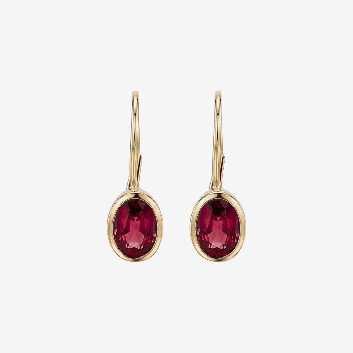 Oval Bezel Gemstone Leverback Earrings in 14K Yellow Gold with Ruby, gray background | JJ Jewelry Miami