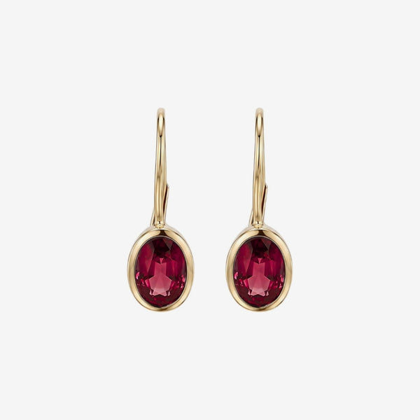 Oval Bezel Gemstone Leverback Earrings in 14K Yellow Gold with Ruby, gray background | JJ Jewelry Miami