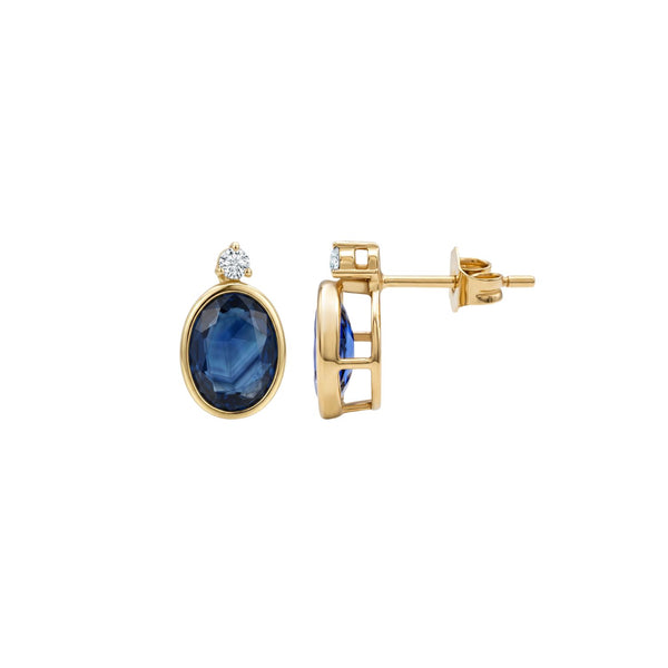 Oval Blue Sapphire Bezel Stud Earrings in 14K Yellow Gold