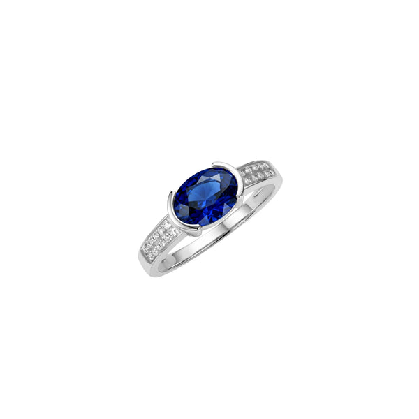 Oval Blue Sapphire Diamond Pavé Ring 14K White Gold | JJ Jewelry Miami