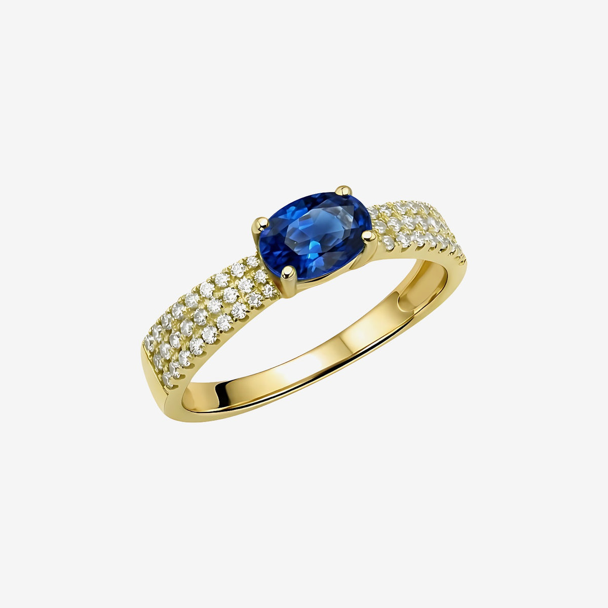 Oval Blue Sapphire and Pavé Diamond Cocktail Ring in 18K Yellow Gold | JJ Jewelry