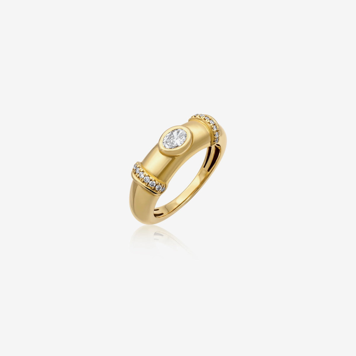Oval Diamond Bezel Pinky Ring in 18K Yellow Gold | JJ Jewelry Miami