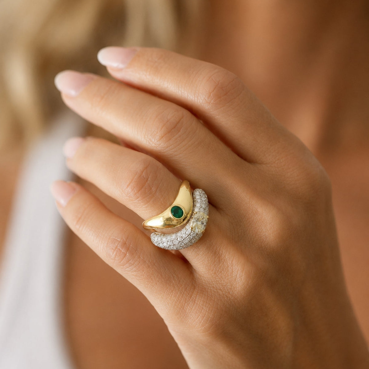 Oval Diamond and Pavé Band Ring in 18K Yellow Gold, view 3 | JJ Jewelry Miami