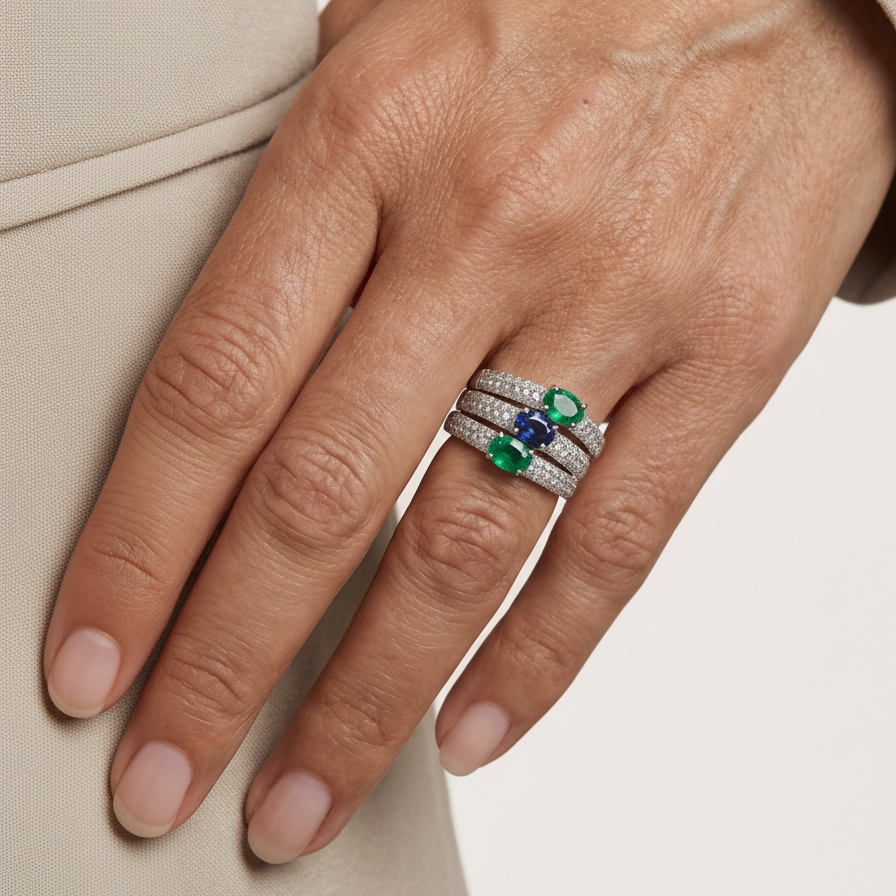 Oval Emerald Pavé Diamond Ring, lifestyle view 2 | JJ Jewelry